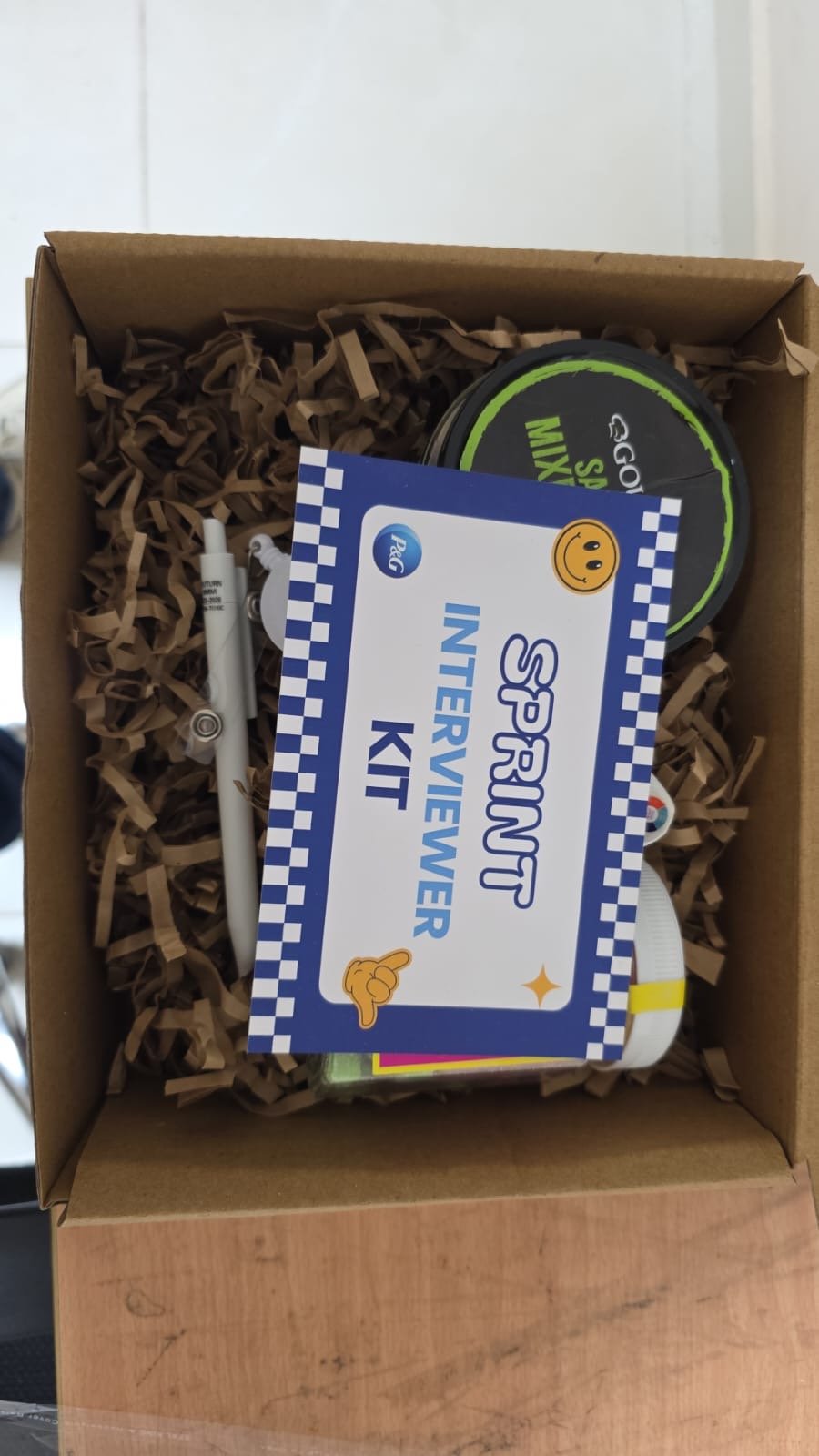 P&G Sprint interviewer kit box with branded items inside